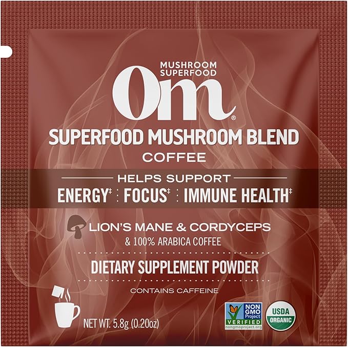 OM MUSHROOM SUPERFOOD Coffee Blend Mushroom Powder, Single Serve, 10 Count, Organic Arabica Beans