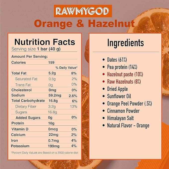RAWMYGOD Fruit and Nut Bars, Gluten Free, Vegan, No Added Sugar (16 bars, Protein Pack - 4 Orange &