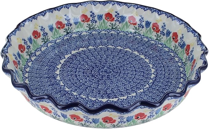 Blue Rose Polish Pottery - Blue Memory Garden Pie Plate - 10" Diameter - Ceramic Baking Dish, For