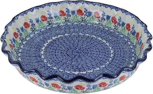 Blue Rose Polish Pottery - Blue Memory Garden Pie Plate - 10" Diameter - Ceramic Baking Dish, For