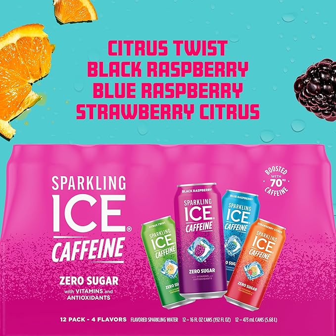 Sparkling Ice Caffeine Variety Pack, Flavored Sparkling Water, Zero Sugar, with Vitamins and