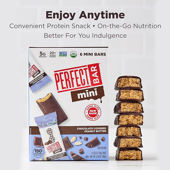 Perfect Bar Mini, Chocolate Covered Peanut Butter Protein Bar, Protein Snack, Snack Bar, Organic