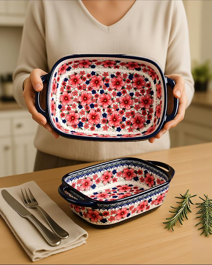 Ceramic Baking Dish Set of 2 ??Decorative Polish Pottery Style Casserole Dishes with Handles, Cute