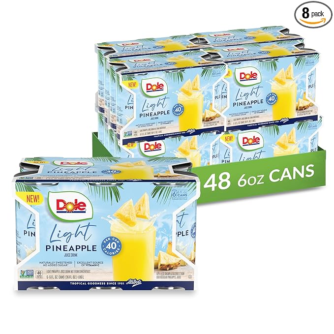 Dole Light Pineapple Juice Drink, No Added Sugar, 40 Calories Per Can, Excellent Source of Vitamin