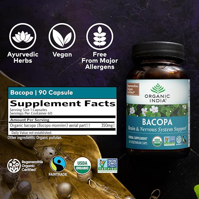 ORGANIC INDIA Bacopa Supplement - Bacopa Monnieri Organic, Brain, Focus, & Memory Support for Women