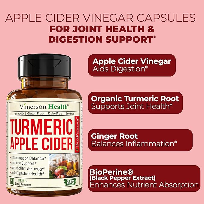 Turmeric Supplement and Organic Apple Cider Vinegar Capsules with Ginger for Joint Health