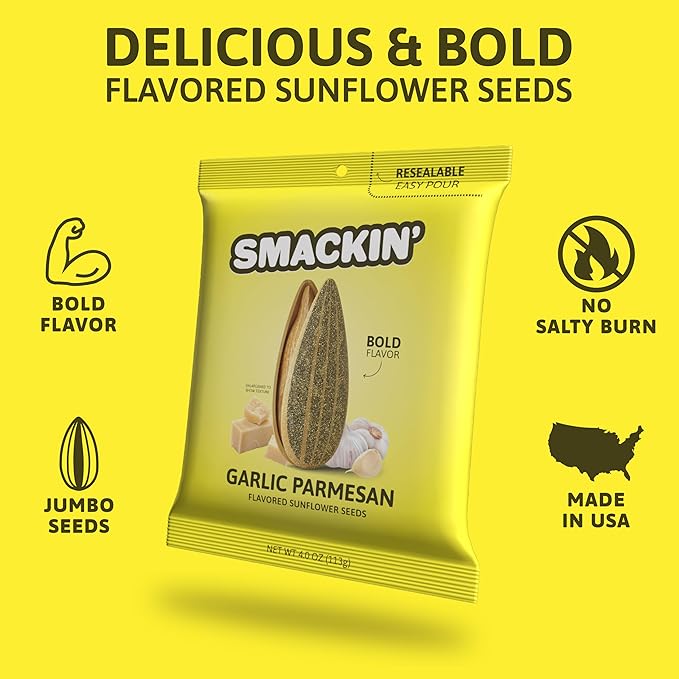 SMACKIN' - Jumbo Roasted Sunflower Seeds, No Salty Burn, American Made, Easy Pour & Seal - Garlic