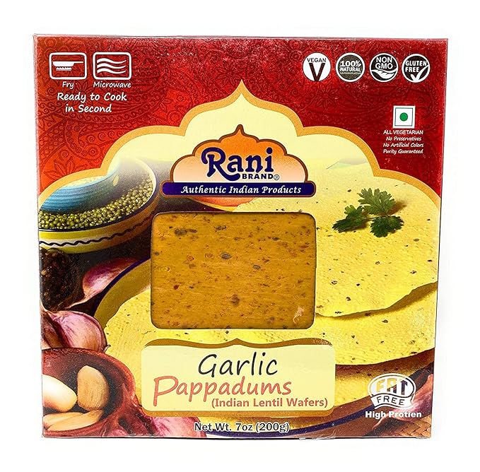 Rani Pappadums (Indian Lentil Wafer Snack) Garlic Papad 7oz (200g) Approximately 15pc, 7 inches