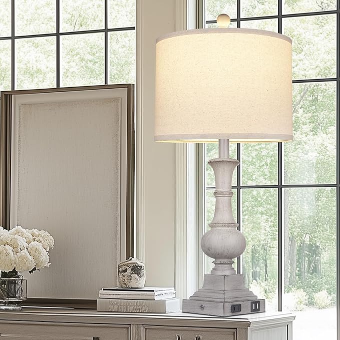 26" Farmhouse Lamp with 2 USB Ports & AC Outlet, Vintage Rustic Touch Control Bedside Lamp, Resin