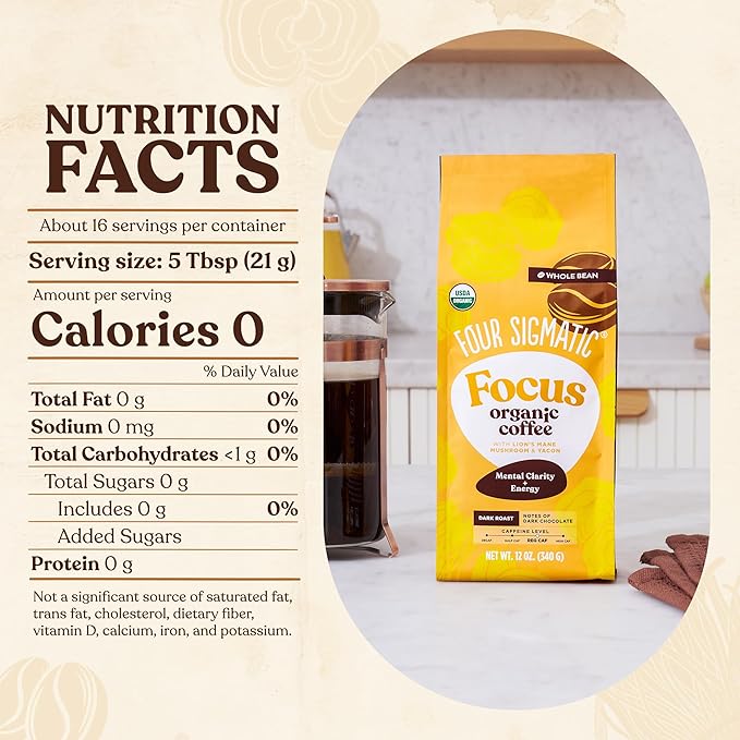 Four Sigmatic Dark Roast Organic Whole Bean Coffee | Gourmet Nootropic Mushroom Coffee Beans with