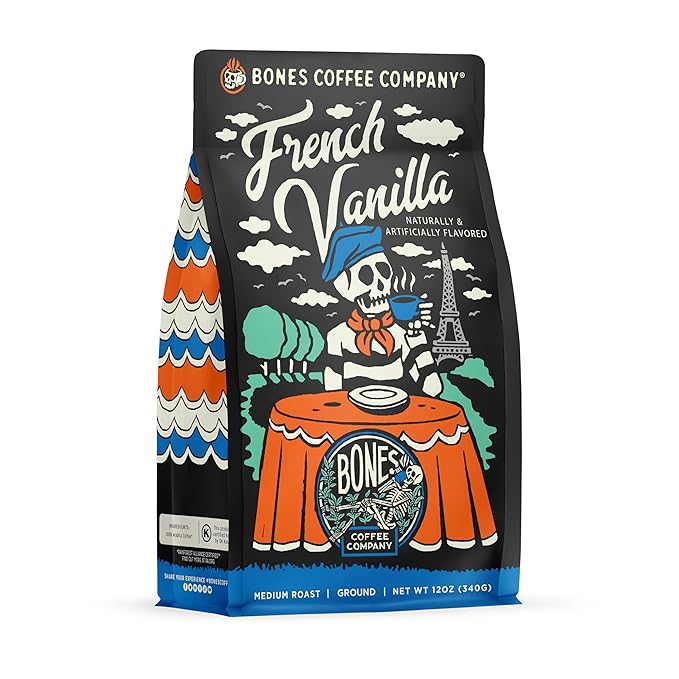 Bones Coffee Company French Vanilla, Creamy Vanilla Flavored Coffee, Medium Roast Low Acid Arabica