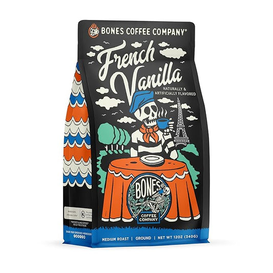 Bones Coffee Company French Vanilla, Creamy Vanilla Flavored Coffee, Medium Roast Low Acid Arabica