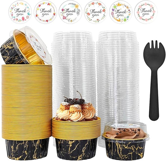 100 PCS Mini Cake Pans with Lids and 100 PCS Spoons,Aluminium Foil Baking Cups, 5 oz Disposable