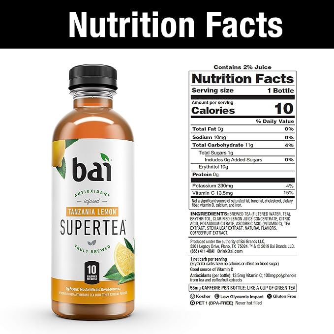 Bai Iced Tea, Tanzania Lemon, Antioxidant Infused Supertea, Crafted with Real Tea (Black Tea, White