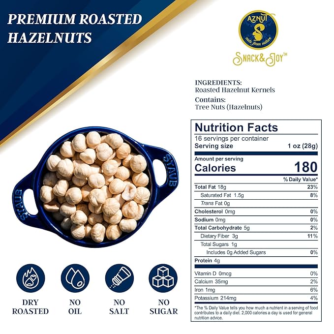 AZNUT Roasted Unsalted Hazelnuts 4 LB, Premium Quality 100% Natural Non-GMO Project Certified
