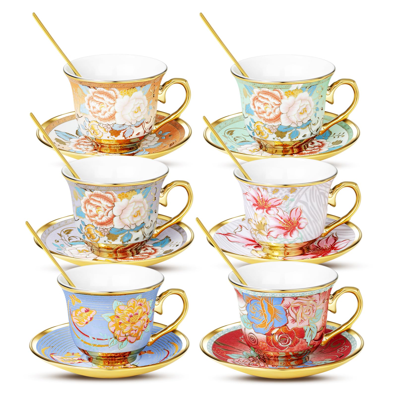 XRBEOU Tea Cups and Saucers, Tea Cup Set of 6, 8 OZ Floral Cups Porcelain Cup Set for Cappuccino