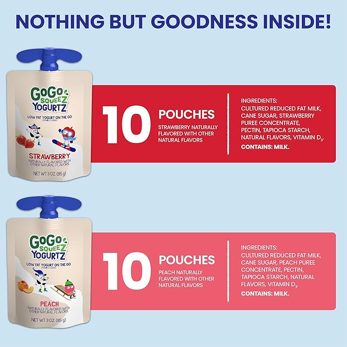GoGo squeeZ YogurtZ Variety Pack, Strawberry & Peach, 3 oz (Pack of 20), Kids Snacks Made with Real