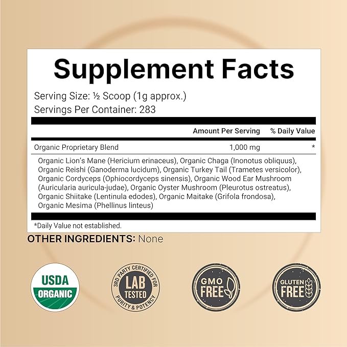 NatureBell Organic Mushroom Powder, 10oz | 10-in-1 Adaptogenic Blend with Lion’s Mane, Reishi
