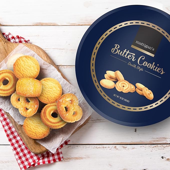 Mattigan's Butter Cookies Traditional Danish Style Cookie Assortment, 16 Oz Tin, Gourmet Gifts for