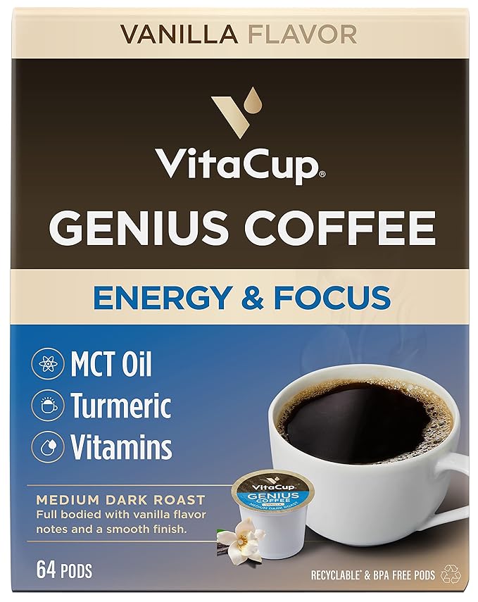 VitaCup Genius Vanilla Keto Coffee Pods w/MCT Oil, Turmeric, B Vitamins, & D3 for Energy & Focus in