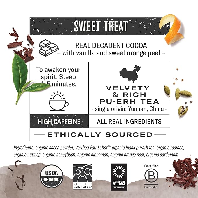 Numi Organic Chocolate Pu-erh Tea, 16 Tea Bags, Aged Yunnan Pu-erh Black Tea with Cocoa & Orange