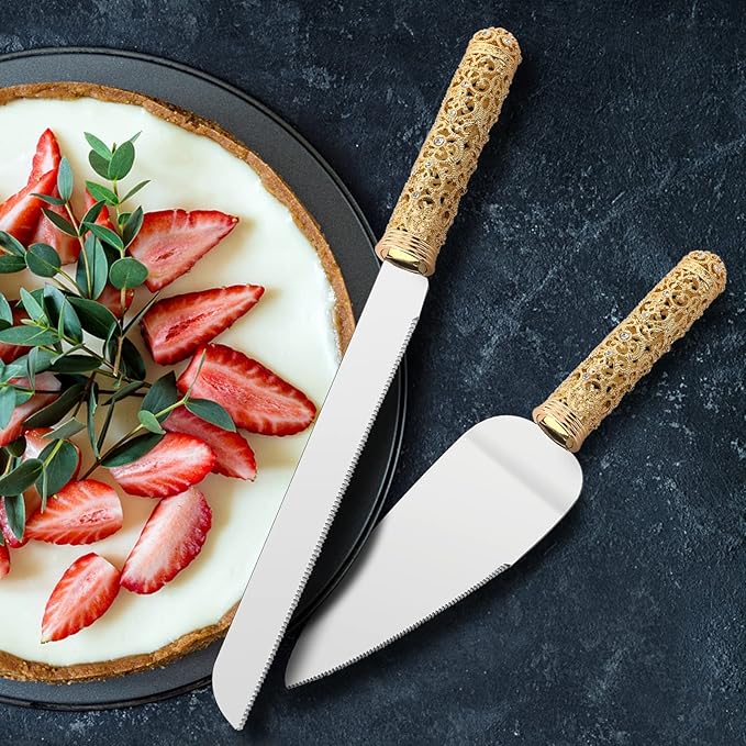 Gold Cake Knife and Server Set - 2 Piece Dessert Set Metal Handle with Crystal Stones Decoration