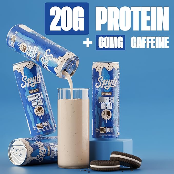Spylt High Protein Cookies & Cream Milk with 60mg Caffeine & 20g Protein - 90 Calories, Ready to