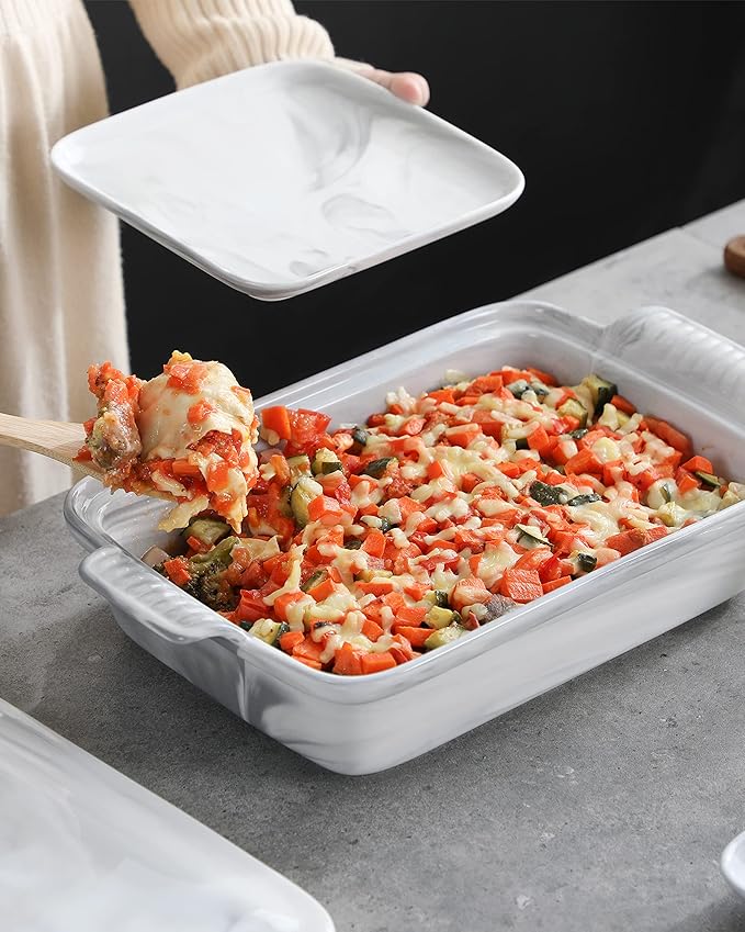 MALACASA Casserole Dish With Lid, 3.4 Quart Baking Dish With Lid, Lasagna Pan Deep Ceramic Bakeware