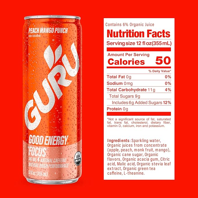 GURU Peach Mango Punch Organic Energy Drinks, Clean Energy Drink with Plant Based Natural Caffeine