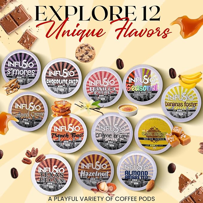 InfuSio Flavored Coffee Pods Variety Pack – 96 Count, 12 Gourmet Medium Roast Dessert-Inspired