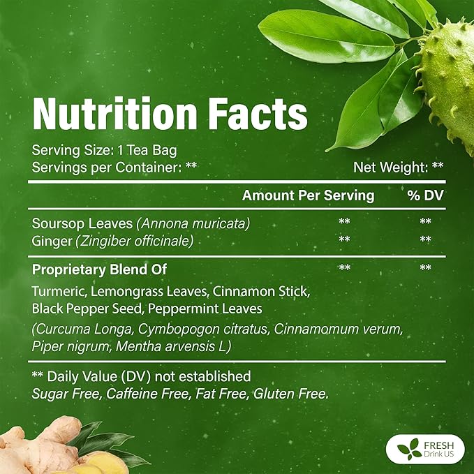 FreshDrinkUS, Super Soursop Herbal Tea ??40 Tea Bags | Soursop, Ginger, Turmeric, Lemongrass