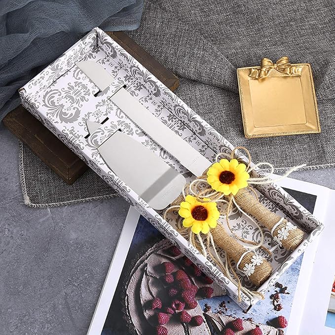 TANG SONG Rustic Wedding Cake Knife and Serving Set with Sunflower Burlap Lace Wedding Cake Knife