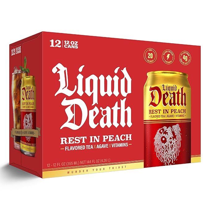 Liquid Death, Rest in Peach Iced Tea, 12-Pack (12 oz Cans), Peach Flavored Back Tea, Low Calorie