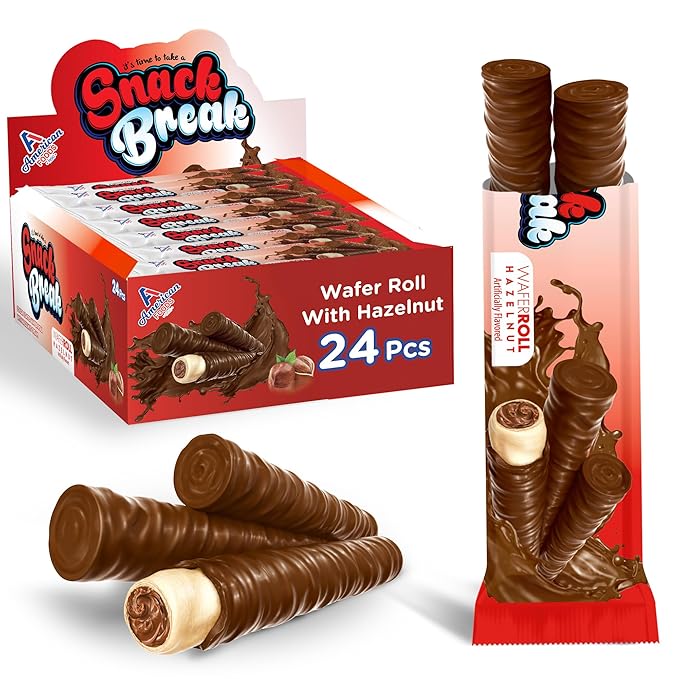 Snack Break Hazelnut Wafer Rolls, Rolled Wafer Cookies, Cocoa Coated Delicious Snack, Individually