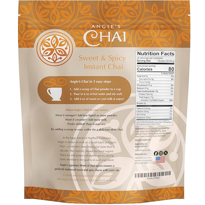 Angie's Chai Sweet & Spicy Organic Instant Chai Tea Powder - Made in USA, Delicious Spiced Chai
