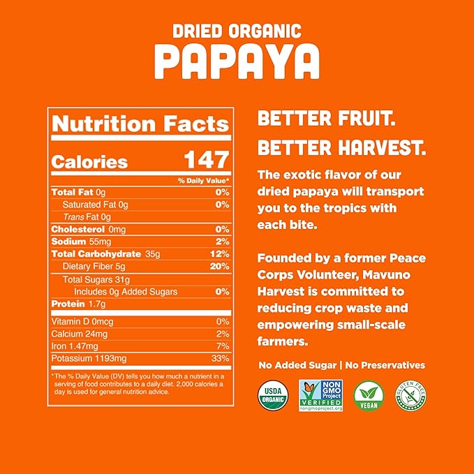 Mavuno Harvest Papaya Dried Fruit Snacks | Organic Dried Papaya Slices | Gluten Free Healthy Snacks