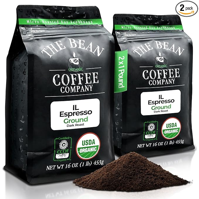 The Bean Organic Coffee Company Il Espresso, Classic Dark Roast, Ground Coffee, 16-Ounce Bags (Pack