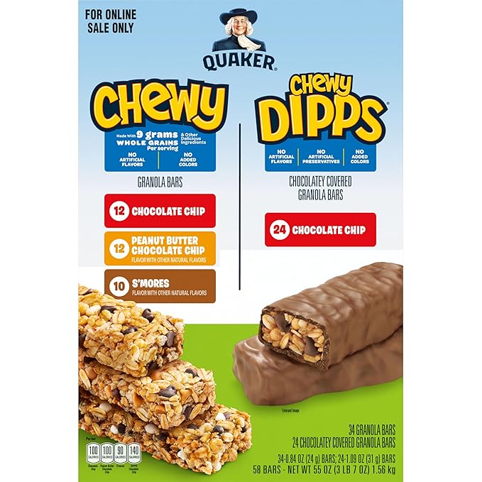 Quaker Chewy Granola Bars, Chewy & Dipps Variety Pack, (58 Bars), Whole Grains, No Artificial
