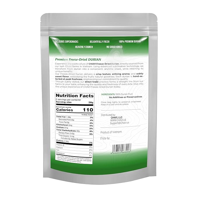 CHAVI Freeze-Dried Durian (King of Fruits) - 2 Oz - Healthy 1 Ingredient Superfood - Family