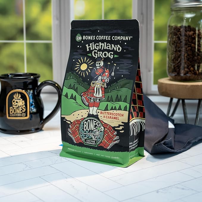 Bones Coffee Company Highland Grog, Butterscotch Caramel Flavored Coffee, Medium Roast Low Acid