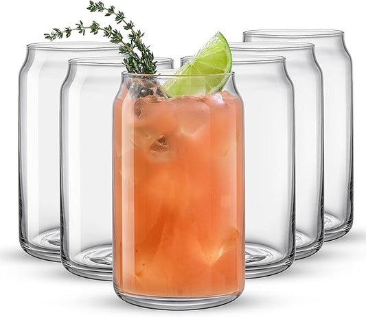 JoyJolt Drinking Glass Cups Set of 6-16oz Beer Can Glasses. Clear Soda Can Shaped Glass Cups, Cute