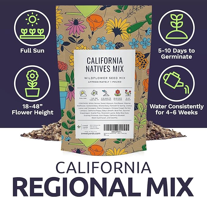 California Natives Mix - Bulk 1 Pound Bag - Over 120,000 Native Seeds - Open Pollinated and Non GMO