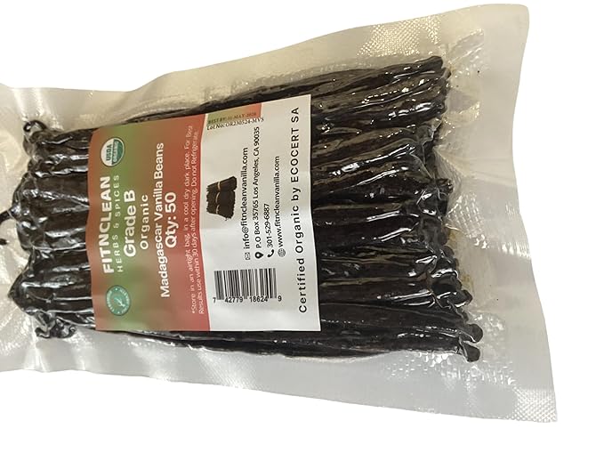 50 Madagascar Organic Vanilla Beans Grade B. Certified USDA Organic. 5"-7" by FITNCLEAN VANILLA for