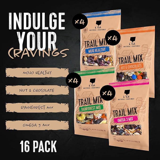 Trail Mix Snack Packs Variety - 4 Bags - Dried Fruit Mix & Nuts Mix with Chocolate Chips, Peanuts