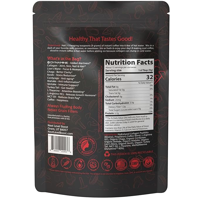 Energy Boost Mushroom Instant Coffee - 135g, 15 Servings Pouch - Healthy Coffee Alternative and