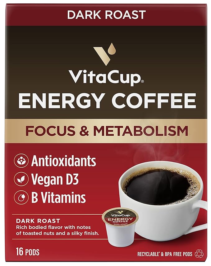 VitaCup Energy Dark Roast Coffee Pods, Boost Focus & Metabolism, Antioxidants, B Vitamins, Bold &