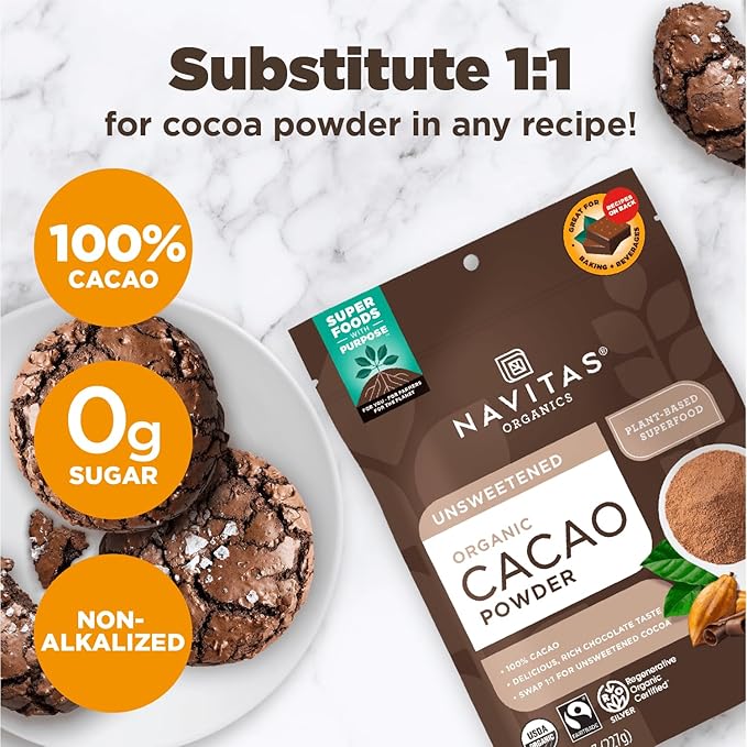 Navitas Organics Cacao Powder - Cocoa Powder Substitute 1:1, For Hot Chocolate, Baking & More