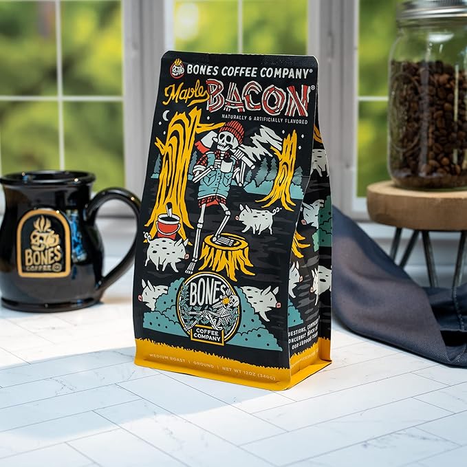Bones Coffee Company Maple Bacon, Bacon and Maple Syrup Flavored Coffee, Medium Roast Low Acid
