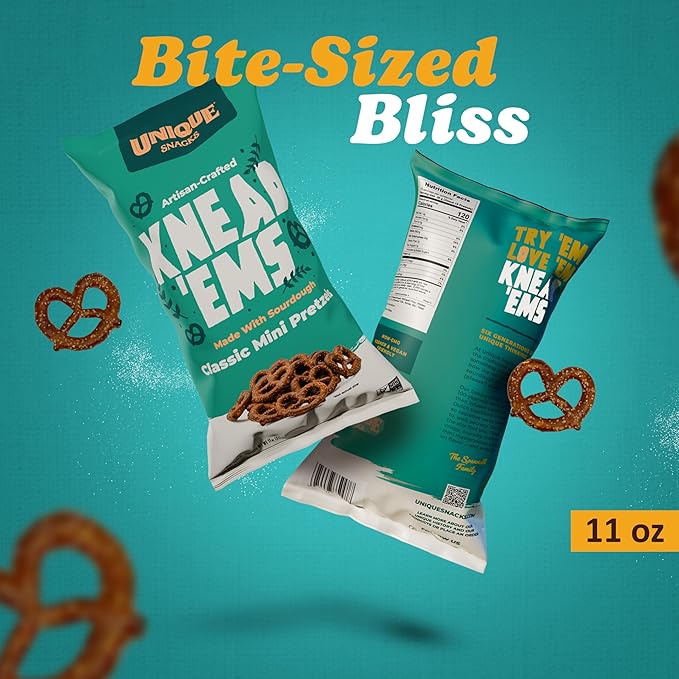 Unique Snacks Knead 'Ems, Sourdough Mini Pretzels, Artisan-Crafted Vegan Snacks, Non-GMO, Kosher
