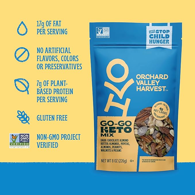 Orchard Valley Harvest Go-Go Keto Mix, 14 Pack (1.85 oz), Dark Chocolate Almonds, Peanuts, Walnuts